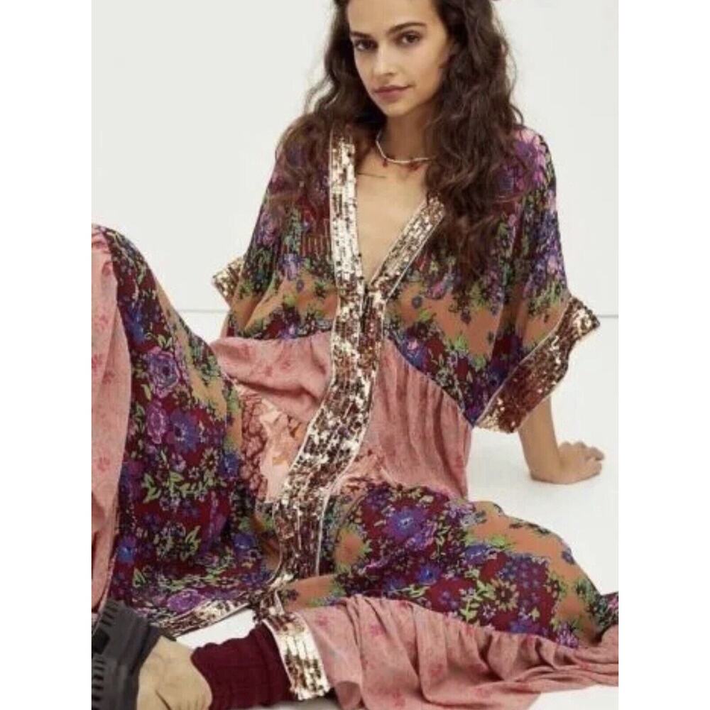 Free People One Fine Day Duster MaxiKimono Multi Combo Dress NWT Sz S RARE